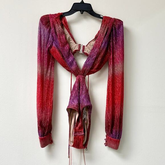 PatBO Ombre Lurex Plunging V-Neck Cut Out Bodysuit Pink Multi Women's Size S - Picture 4 of 8